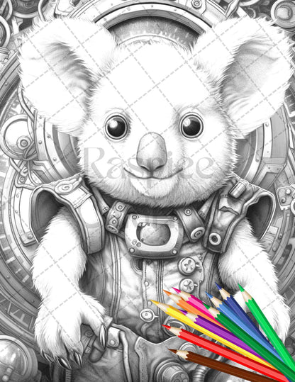 45 Steampunk Animals Grayscale Coloring Pages Printable for Adults Vol. 2, PDF File Instant Download