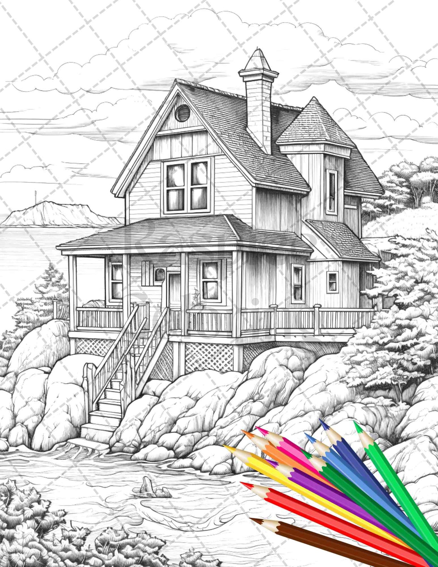 42 Wooden Beach Houses Grayscale Coloring Pages Printable for Adults, PDF File Instant Download