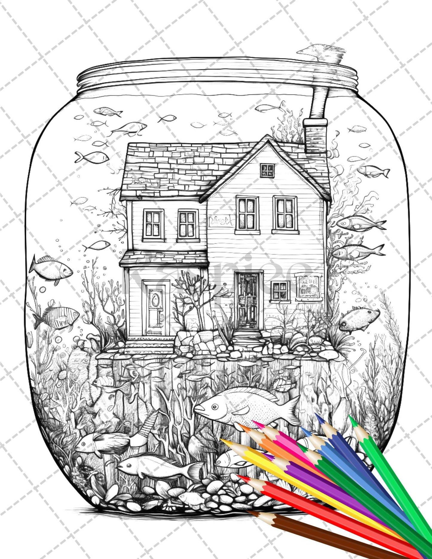 34 Fishtank Houses Coloring Book for Adults, Grayscale Coloring Page, Printable PDF Instant Download