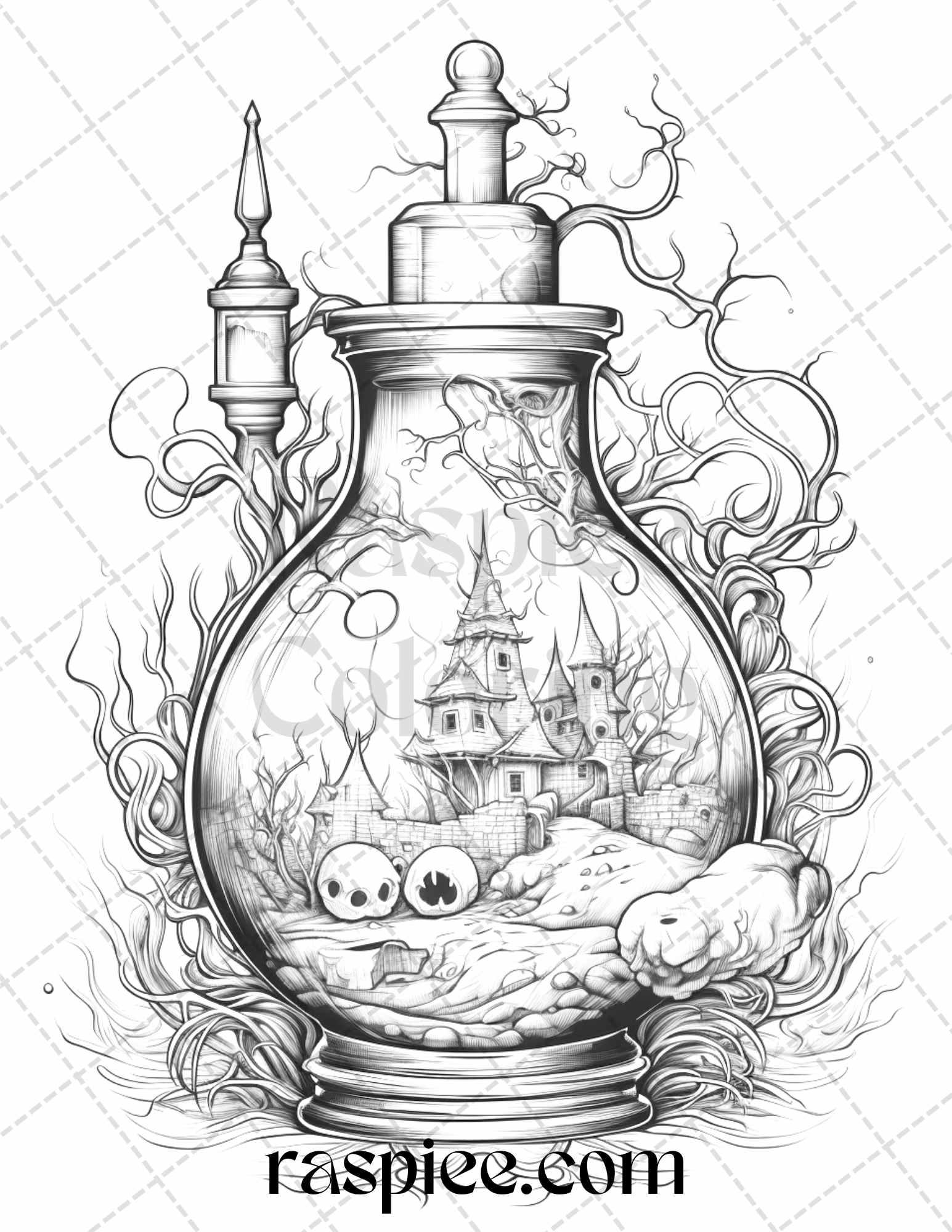 40 Mystical Magic Potions Grayscale Coloring Pages Printable for Adults, PDF File Instant Download