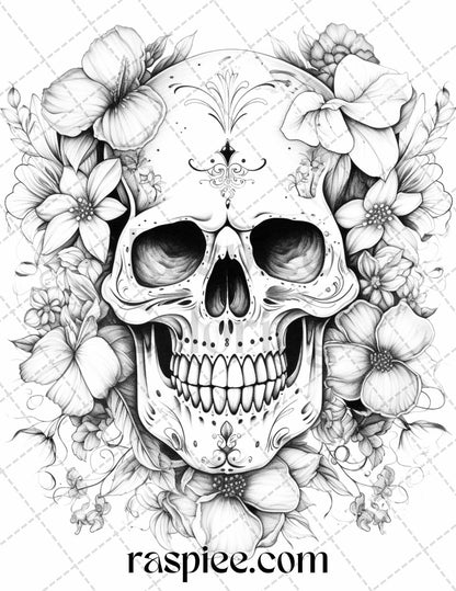 42 Floral Skull Grayscale Coloring Pages for Adults, Stress Relief Coloring Sheets, Printable PDF File Instant Download