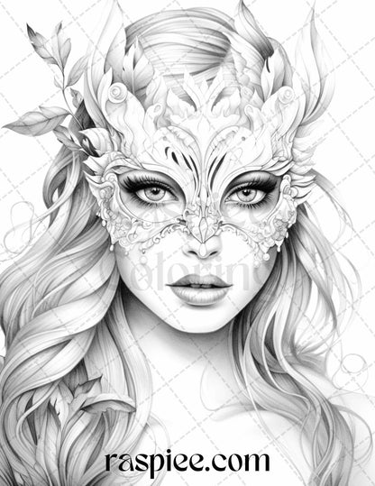 40 Masquerade Girls Grayscale Coloring Pages Printable for Adults, PDF File Instant Download