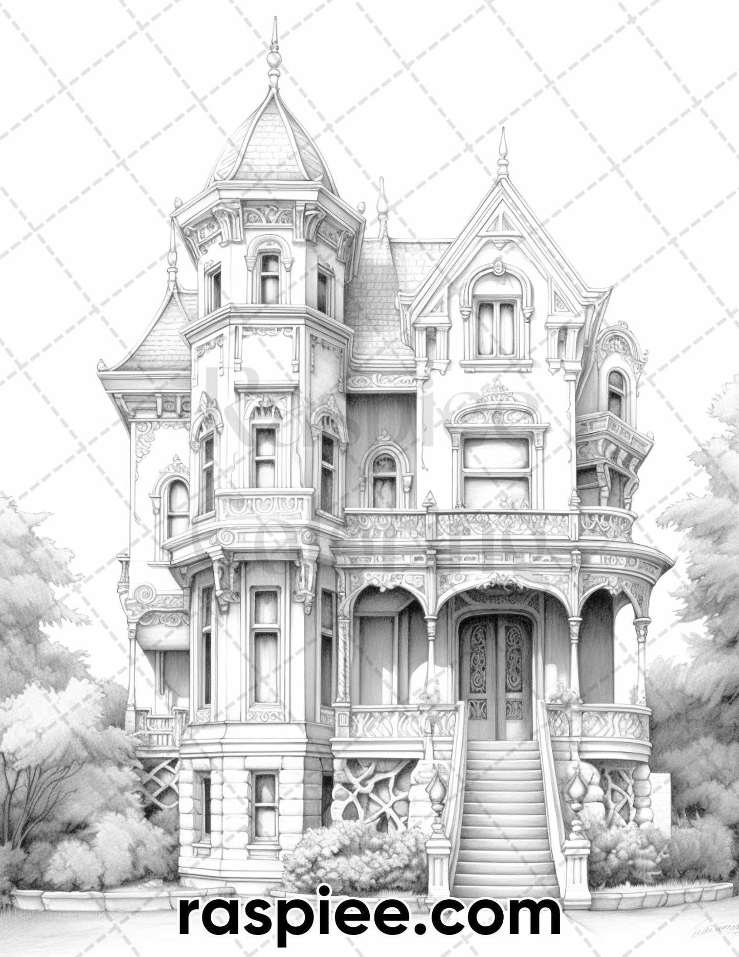 40 Victorian Mansions Grayscale Coloring Pages for Adults, Printable PDF Instant Download