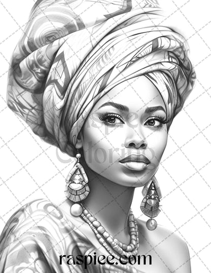 40 Beautiful African Women Grayscale Coloring Pages Printable for Adults, PDF File Instant Download