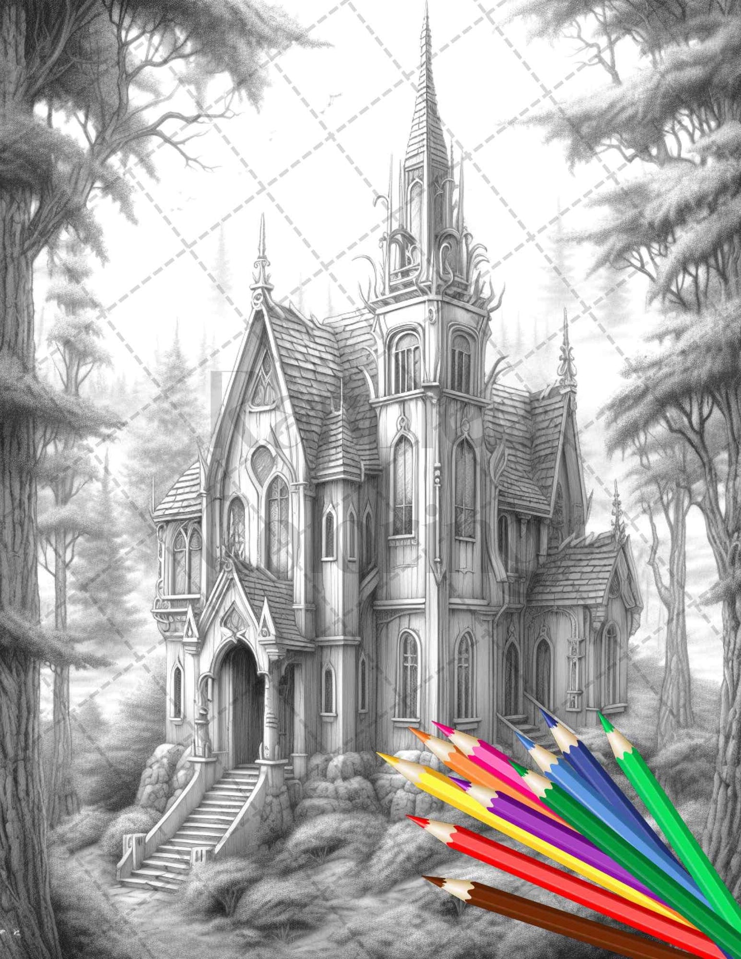 40 Creepy Gothic Houses Grayscale Coloring Pages Printable for Adults, PDF File Instant Download