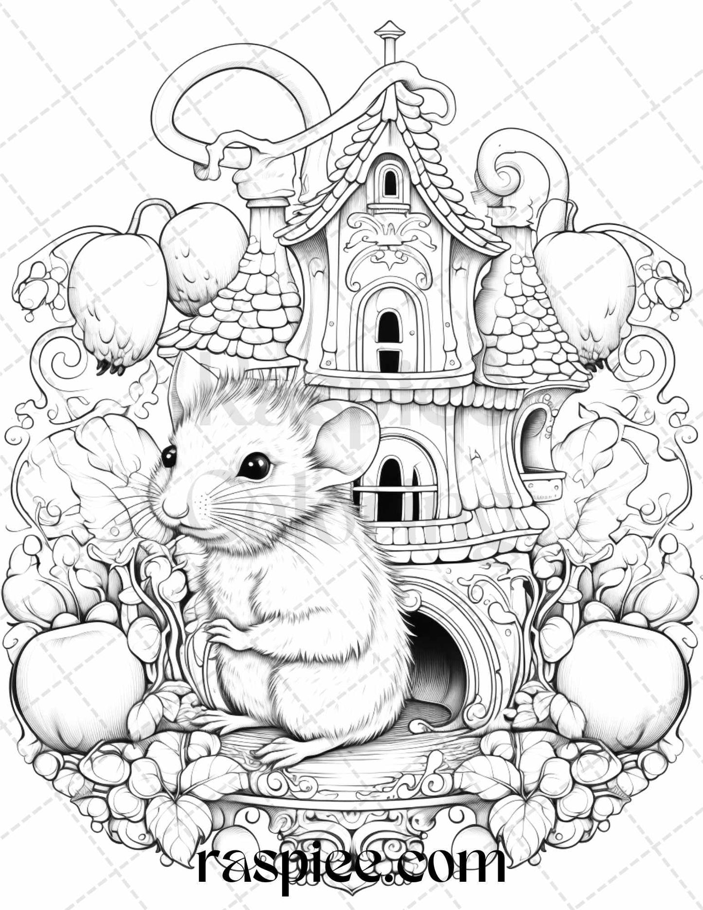 40 Magical Mouse Houses Grayscale Coloring Pages Printable for Adults, PDF File Instant Download