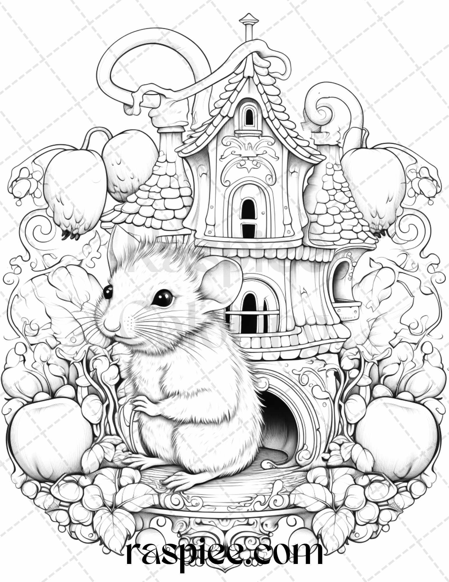 40 Magical Mouse Houses Grayscale Coloring Pages Printable for Adults, PDF File Instant Download