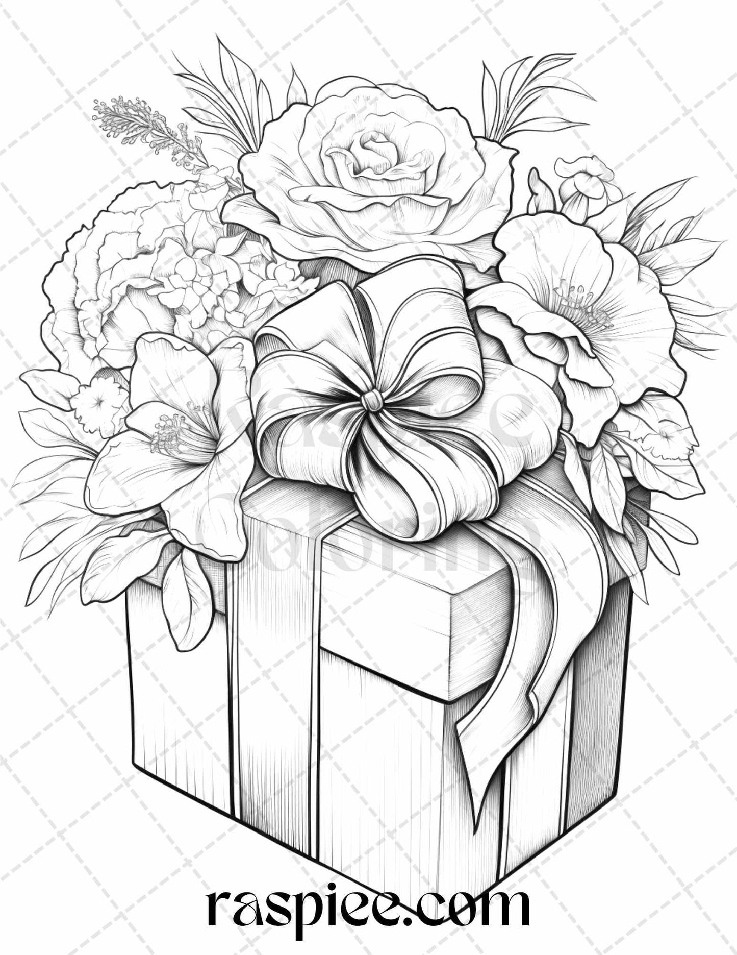 40 Flower Gift Box Grayscale Coloring Pages Printable for Adults Kids, PDF File Instant Download