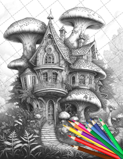 30 Fantasy Fairy Houses Coloring Page Book, Printable Adult Coloring Pages, Enchanted Fairy Home Grayscale Coloring Book, Printable PDF File