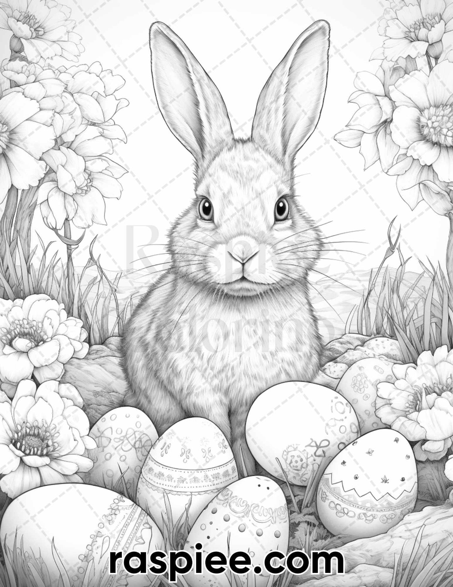 40 Easter Bunny Grayscale Adult Coloring Pages, Printable PDF Instant Download