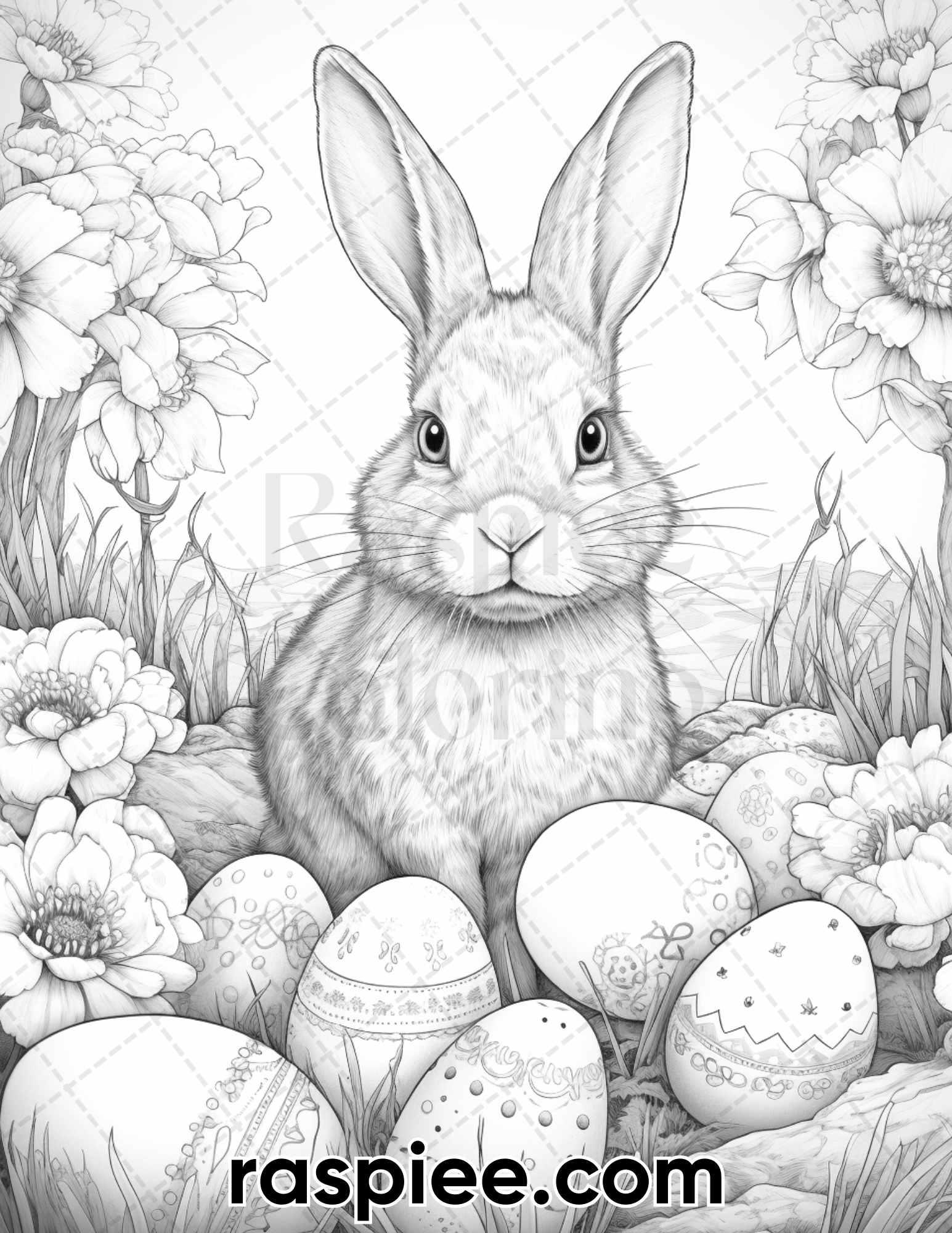 40 Easter Bunny Grayscale Adult Coloring Pages, Printable PDF Instant Download