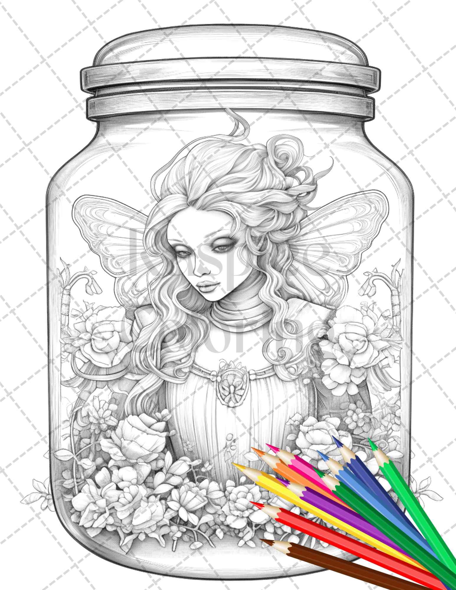 40 Beautiful Fairies in Jar Grayscale Coloring Pages Printable for Adults, PDF File Instant Download