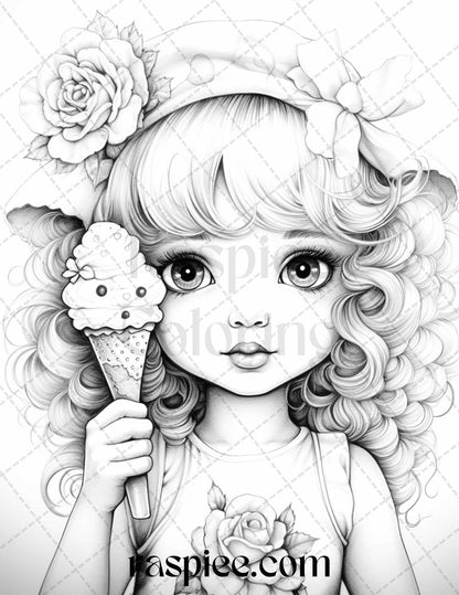 42 Adorable Girls with Ice Cream Grayscale Coloring Pages Printable for Adults Kids, PDF File Instant Download