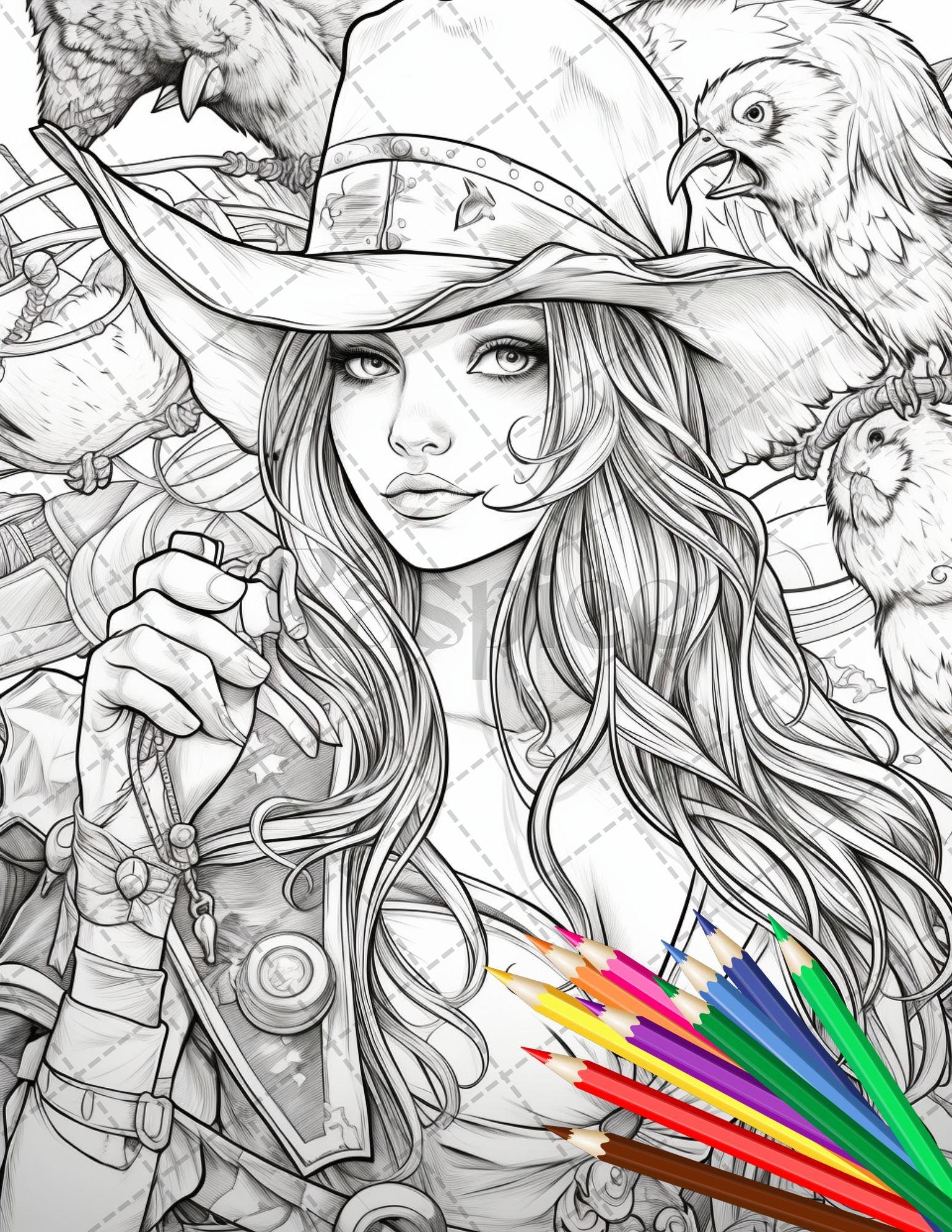 48 Beautiful Pirate Princess Coloring Book Printable for Adults, Grayscale Coloring Page, PDF File Instant Download