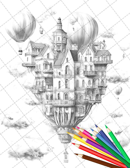 40 Fantasy Sky Houses Grayscale Coloring Pages Printable for Adults, PDF File Instant Download