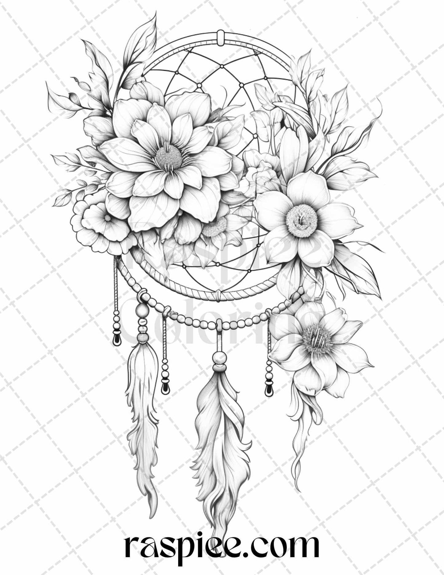 30 Flower Dreamcatcher Grayscale Coloring Pages Printable for Adults, PDF File Instant Download