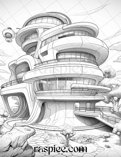 43 Futuristic Houses Grayscale Coloring Pages Printable for Adults, PDF File Instant Download