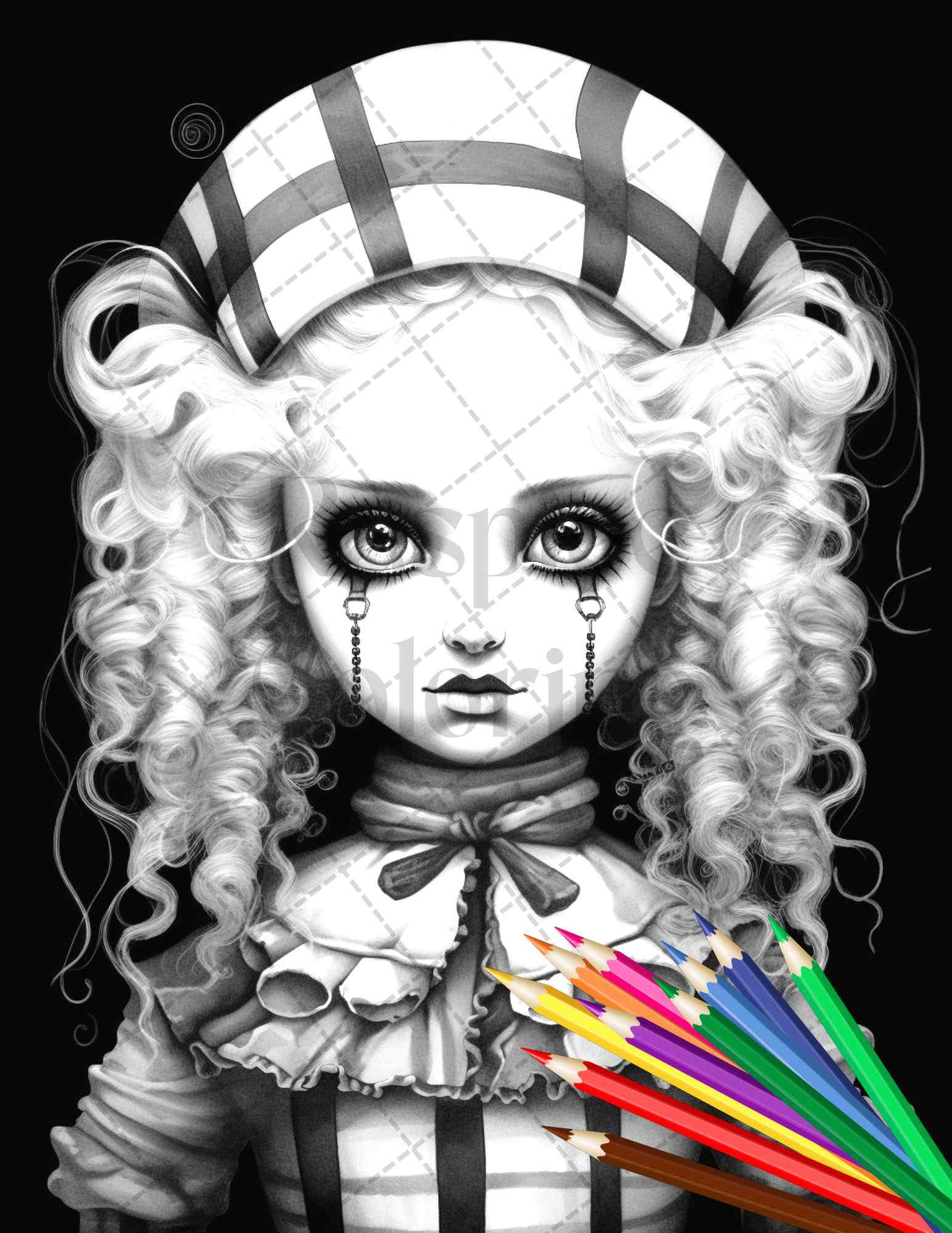 40 Creepy Porcelain Dolls Grayscale Coloring Pages for Adults, PDF File Instant Download