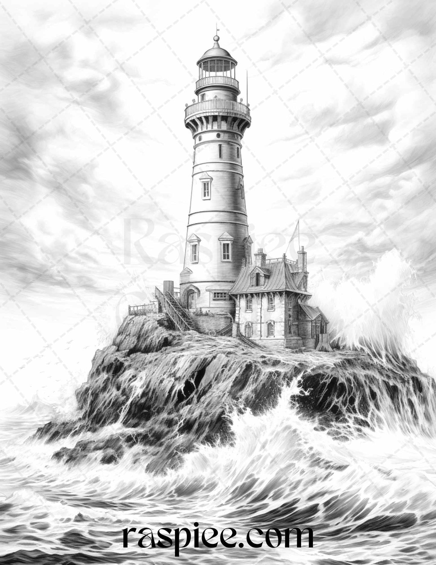 40 Majestic Lighthouses Grayscale Coloring Pages Printable for Adults, PDF File Instant Download