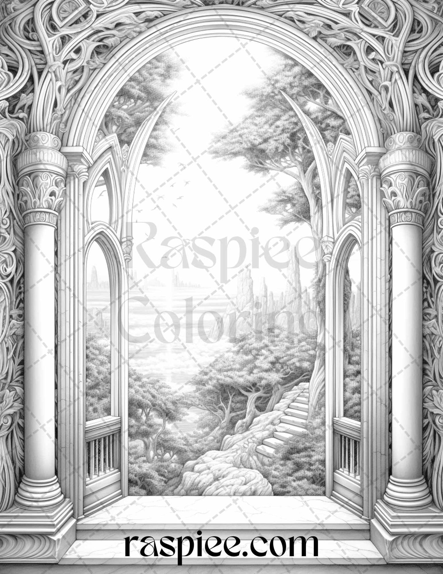 40 Window to Fantasy Worlds Grayscale Coloring Pages Printable for Adults, PDF File Instant Download