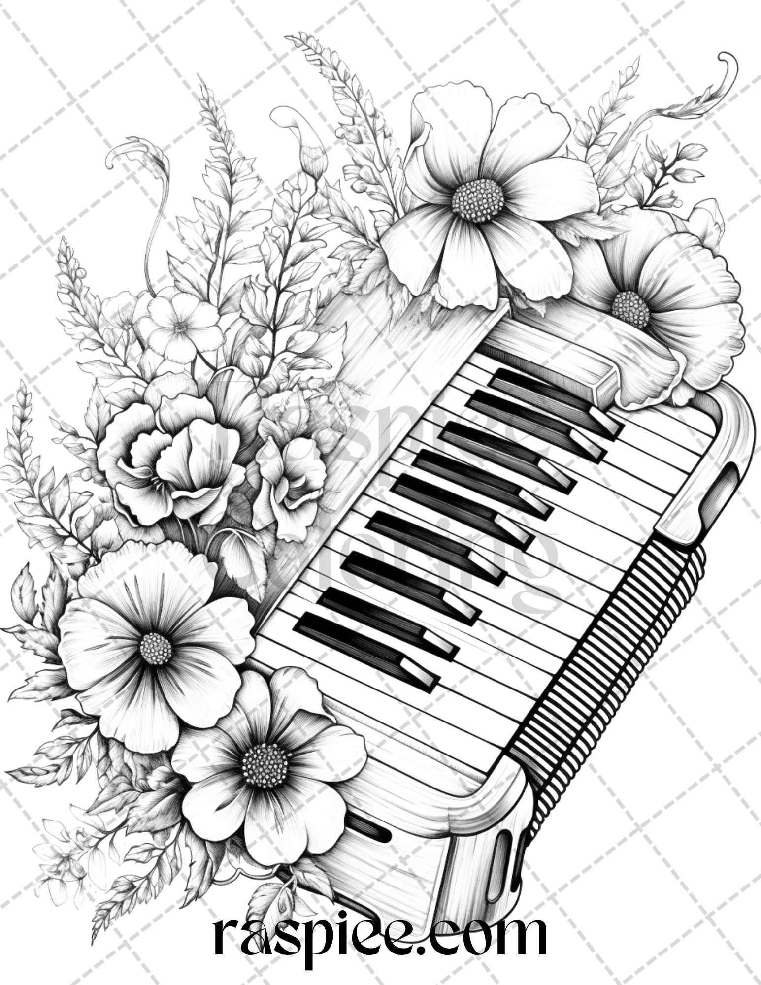 30 Musical Instrument Flower Grayscale Coloring Pages Printable for Adults, PDF File Instant Download