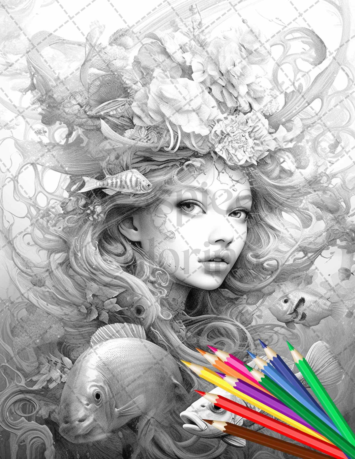 40 Enchanted Mermaid Grayscale Coloring Pages Printable for Adults, PDF File Instant Download