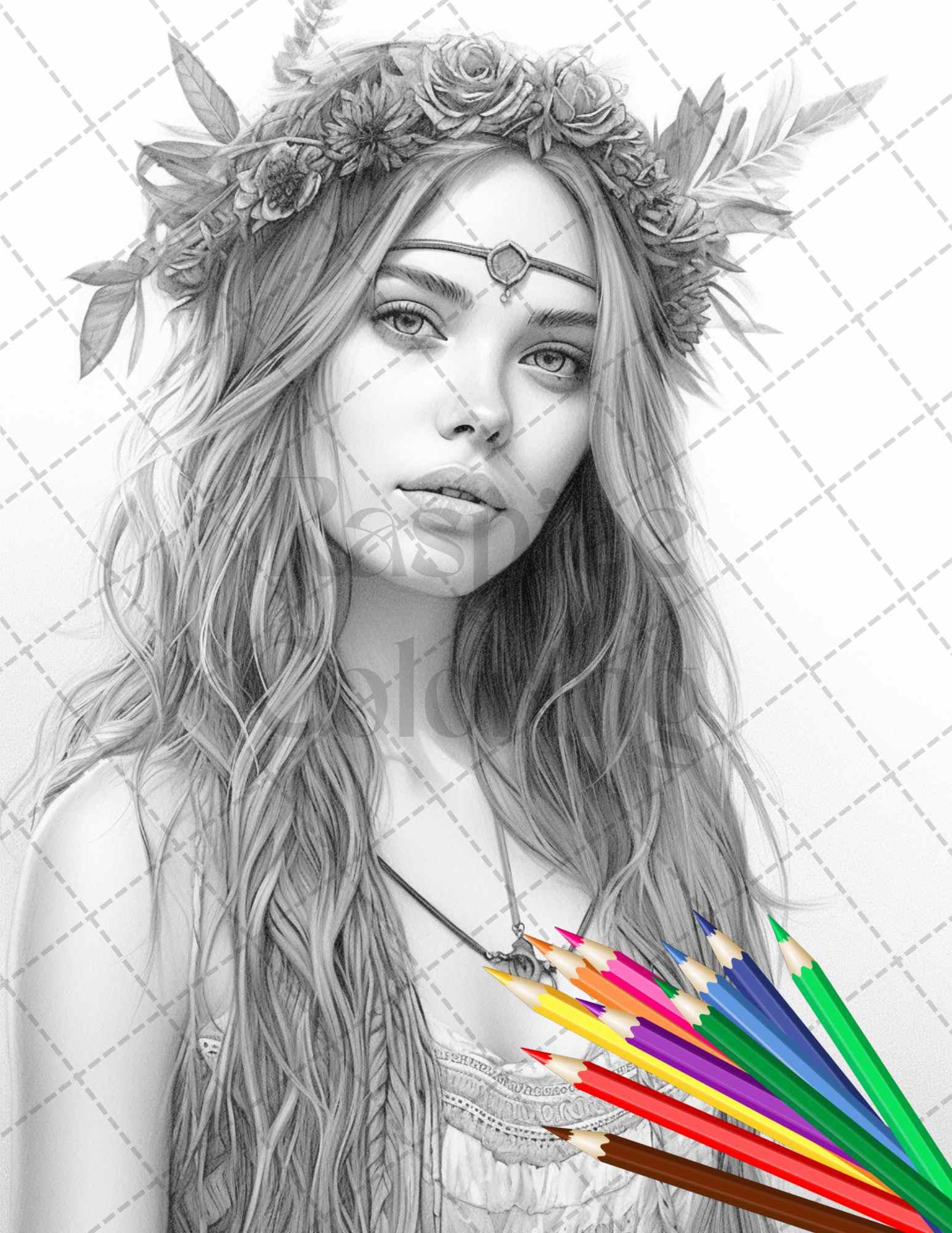 43 Beautiful Hippie Girls Grayscale Coloring Pages Printable for Adults, PDF File Instant Download