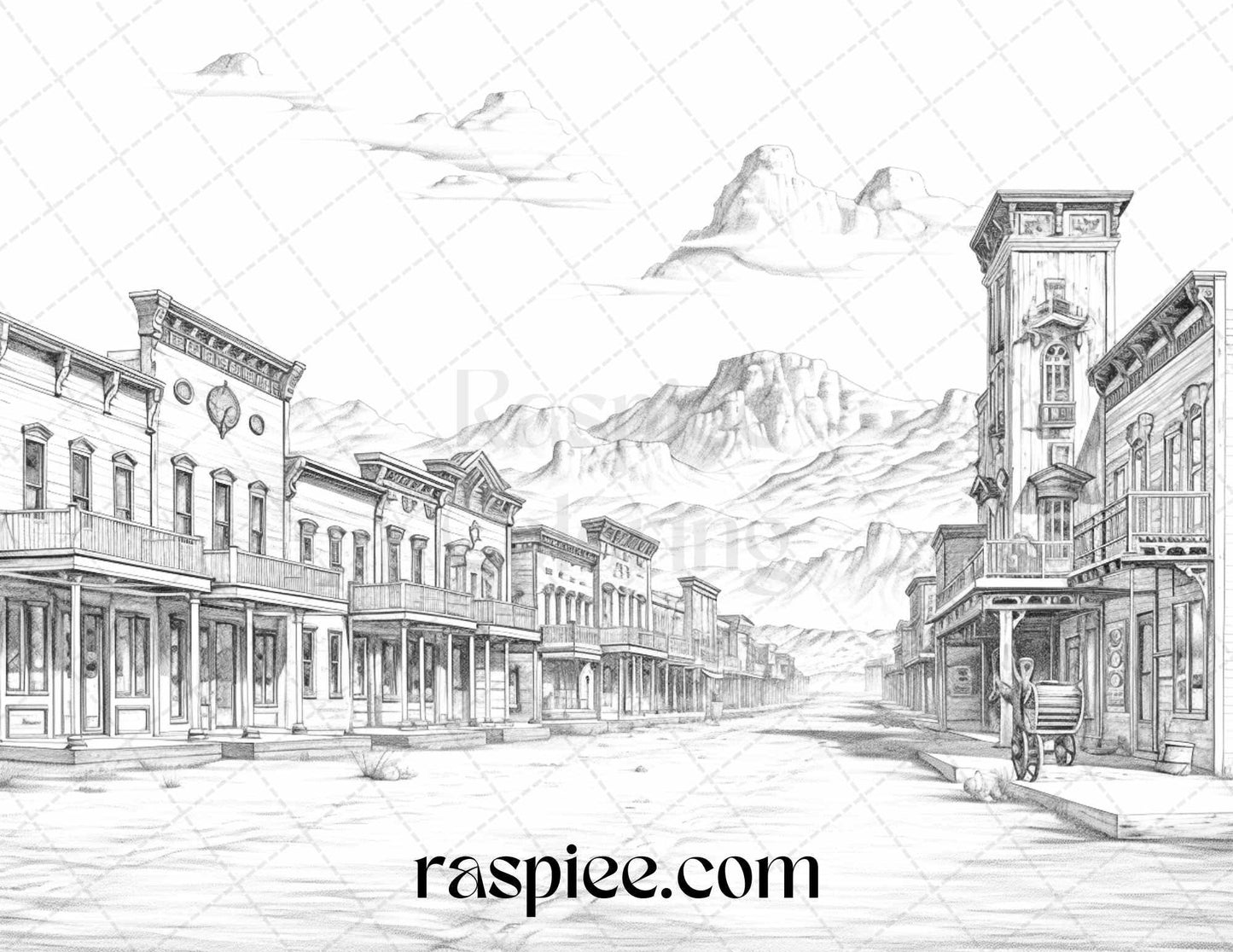 40 Wild West Towns Grayscale Coloring Pages Printable for Adults, PDF File Instant Download