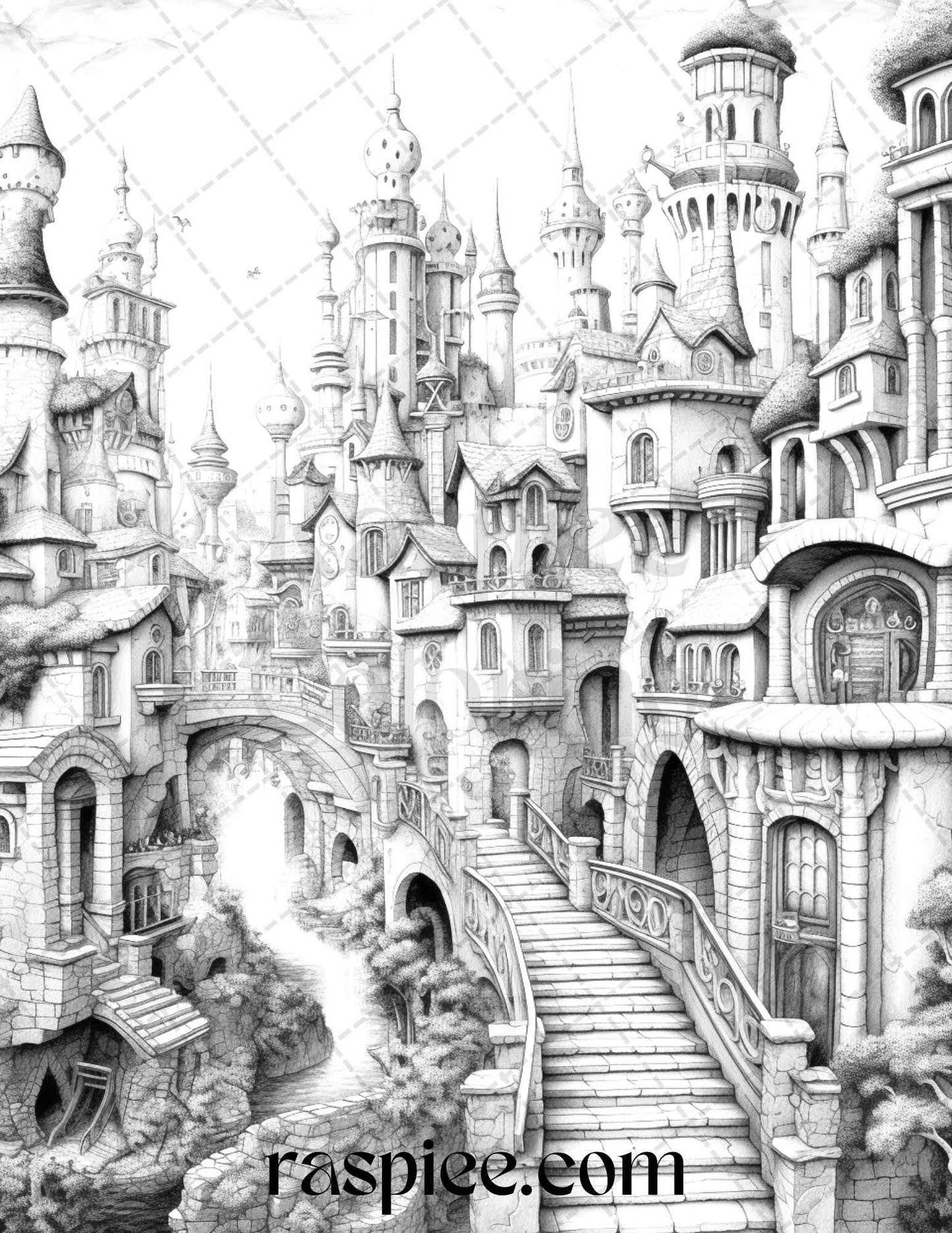 40 Fantasy Village Grayscale Coloring Pages Printable for Adults, PDF File Instant Download