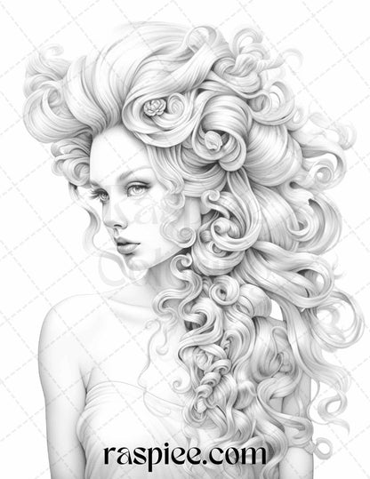 43 Beautiful Hairstyles Grayscale Coloring Pages Printable for Adults, PDF File Instant Download