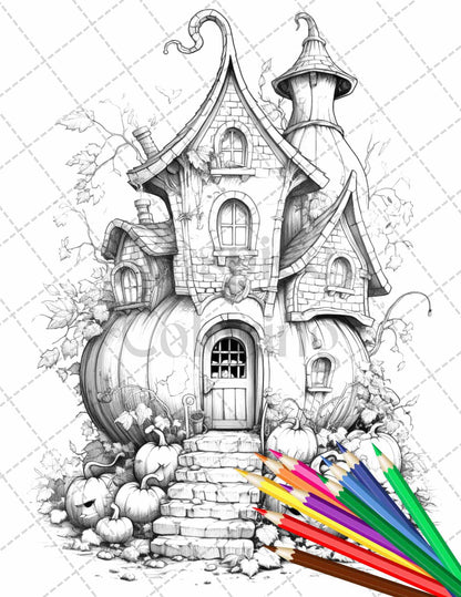 40 Pumpkin Fairy Houses Grayscale Coloring Pages Printable for Adults, PDF File Instant Download