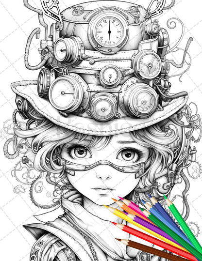 31 Adorable Steampunk Girls Coloring Pages Printable for Adults, Grayscale Coloring Page, PDF File Instant Download