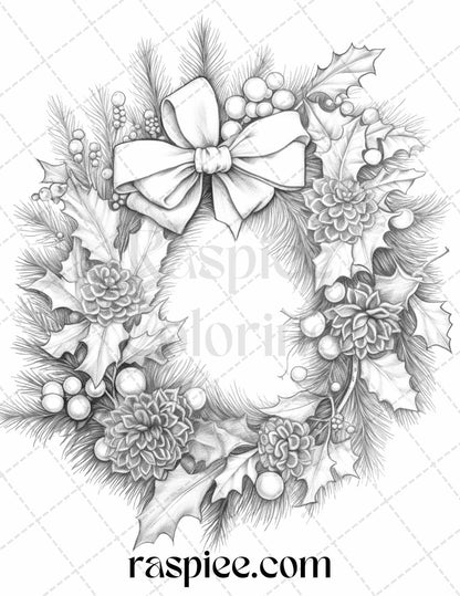 40 Christmas Wreath Grayscale Coloring Pages Printable for Adults, PDF File Instant Download