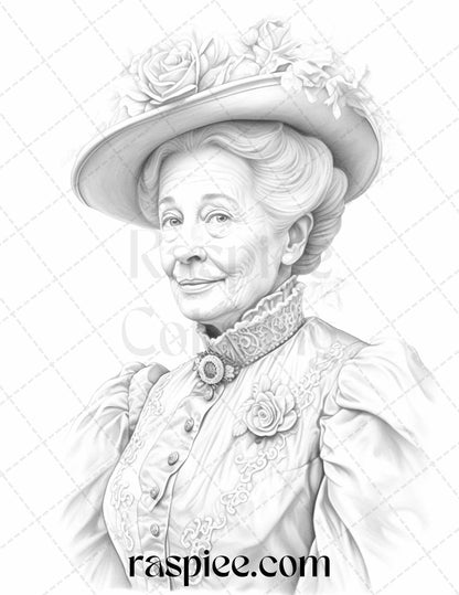 50 Victorian Grandma Grayscale Coloring Pages Printable for Adults, PDF File Instant Download