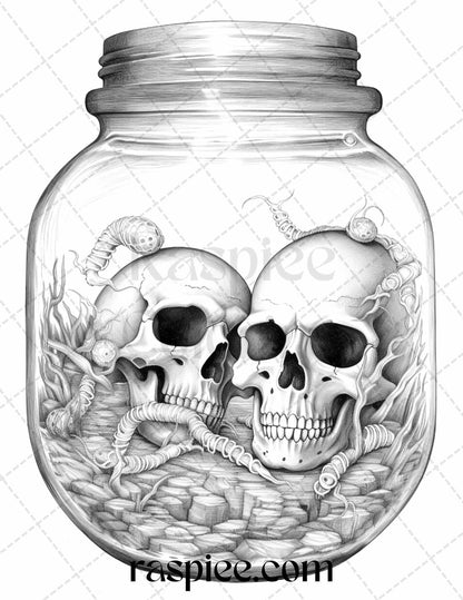 40 Halloween in Jar Grayscale Coloring Pages for Adults, Printable PDF File Instant Download