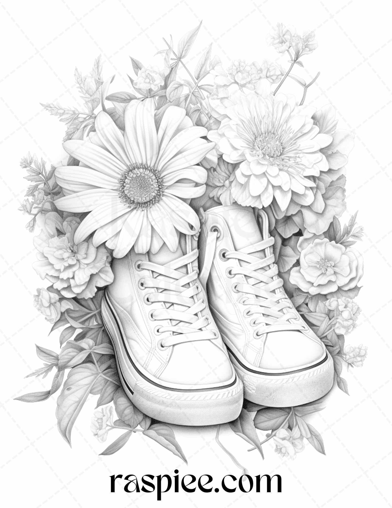 40 Flower Sneakers Grayscale Coloring Pages Printable for Adults, PDF File Instant Download