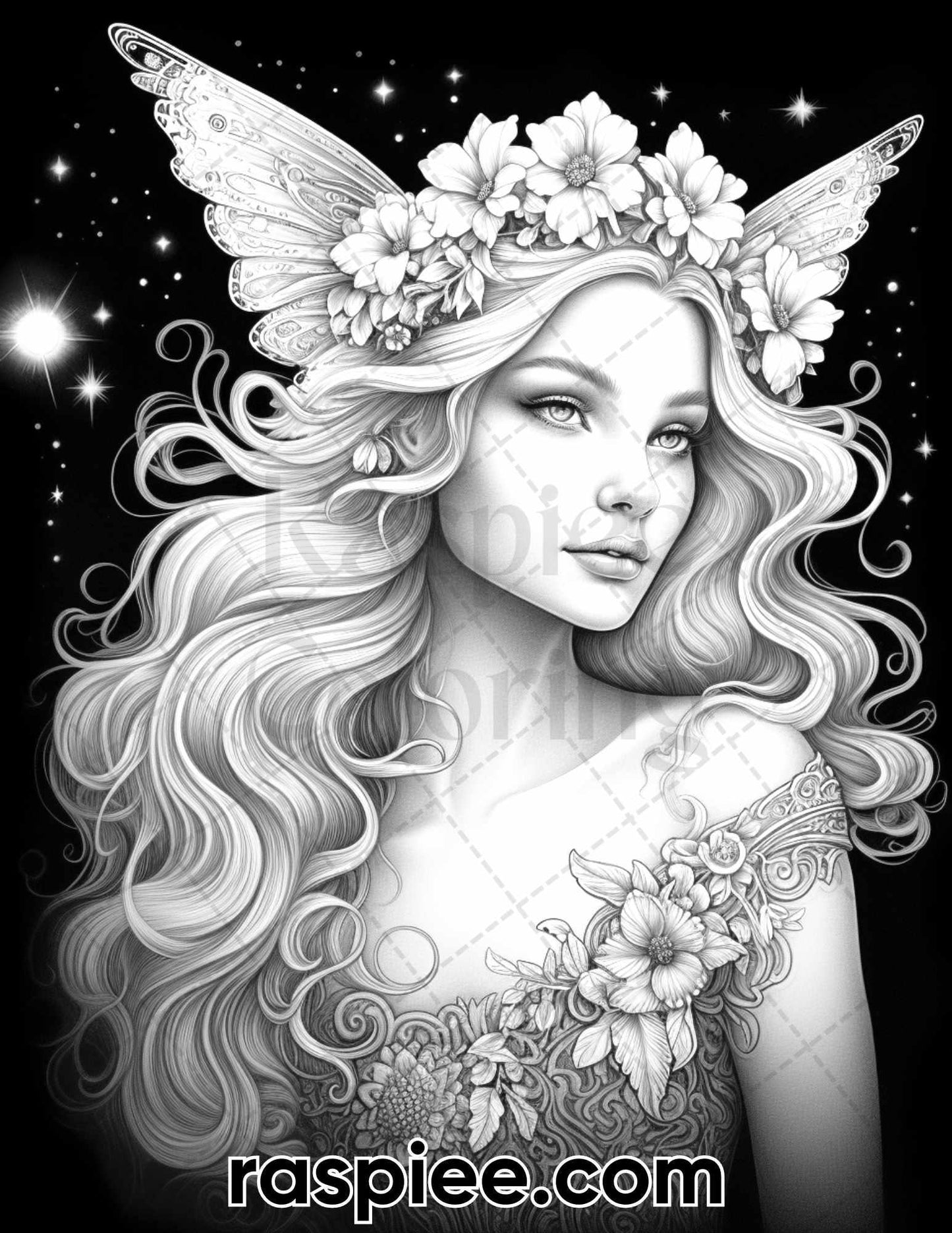 50 Starlight Fairy Grayscale Coloring Pages for Adults, Printable PDF File Instant Download