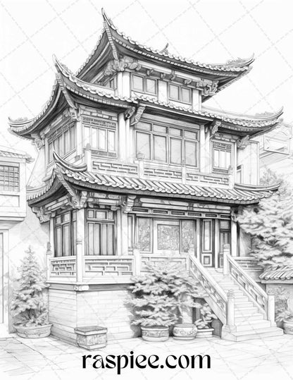 40 Traditional Chinese Houses Grayscale Coloring Pages Printable for Adults, PDF File Instant Download