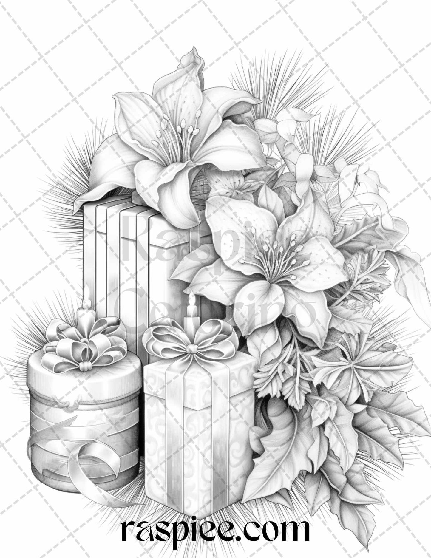 45 Christmas Flowers Grayscale Coloring Pages Printable for Adults, PDF File Instant Download