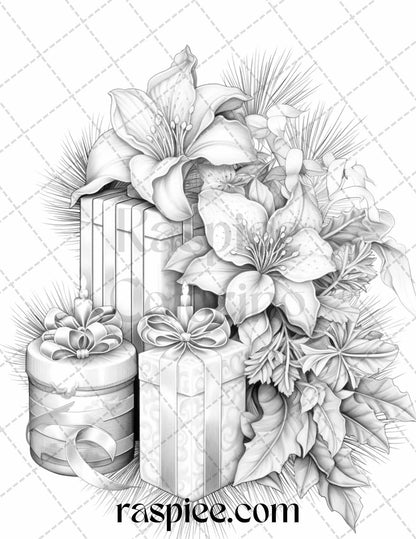 45 Christmas Flowers Grayscale Coloring Pages Printable for Adults, PDF File Instant Download