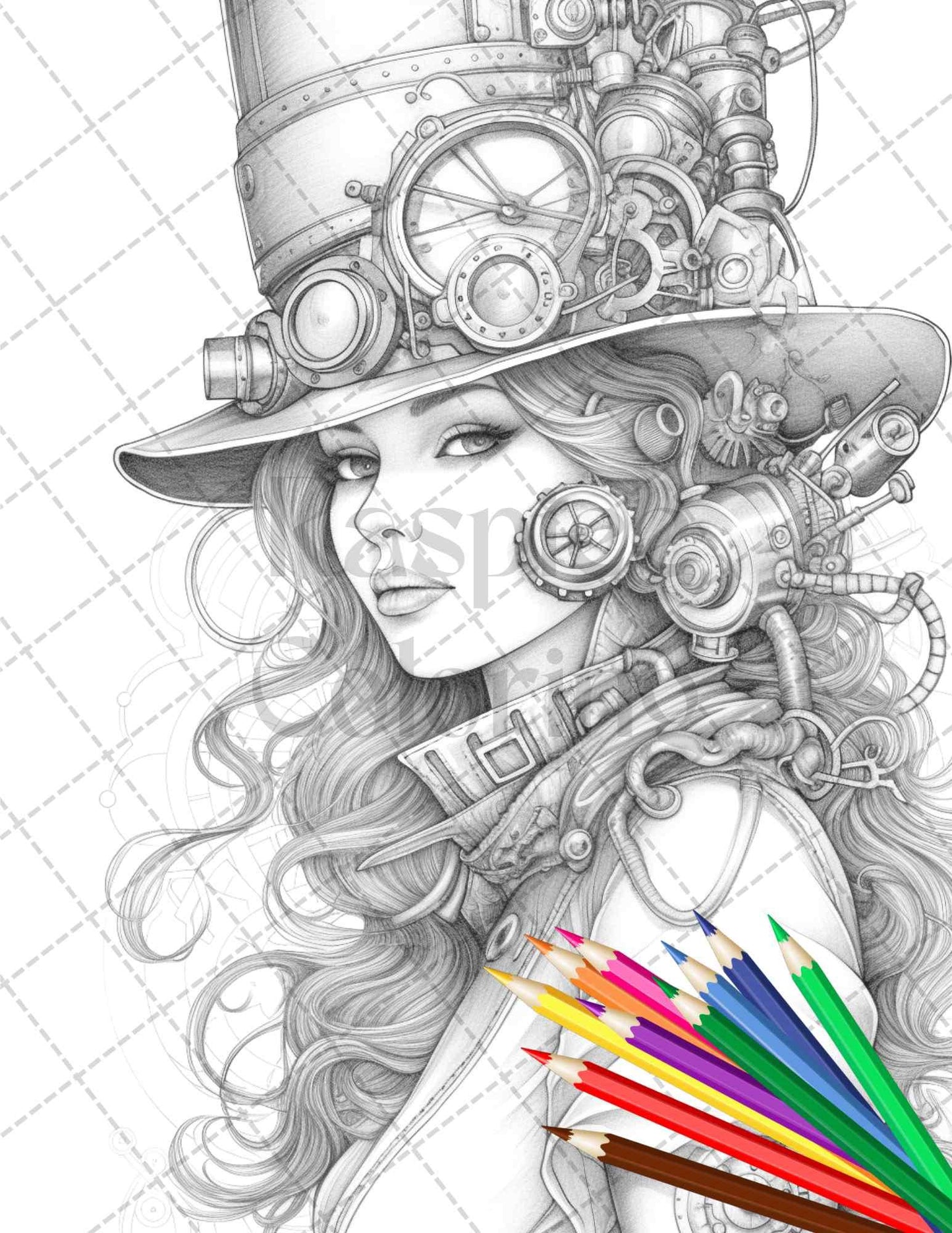 40 Steampunk Ladies Grayscale Coloring Pages Printable for Adults, PDF File Instant Download