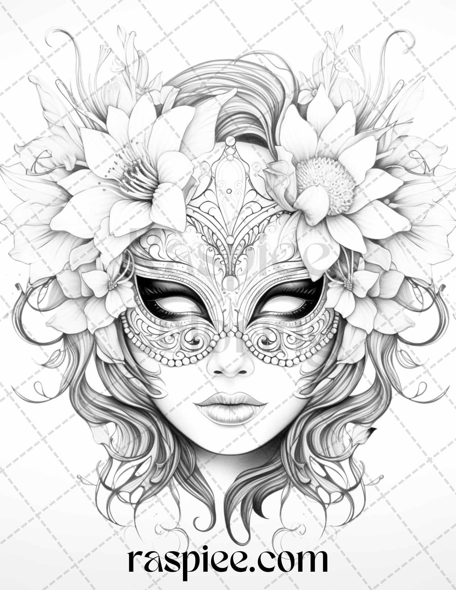 40 Masquerade Masks Grayscale Coloring Pages Printable for Adults, PDF File Instant Download