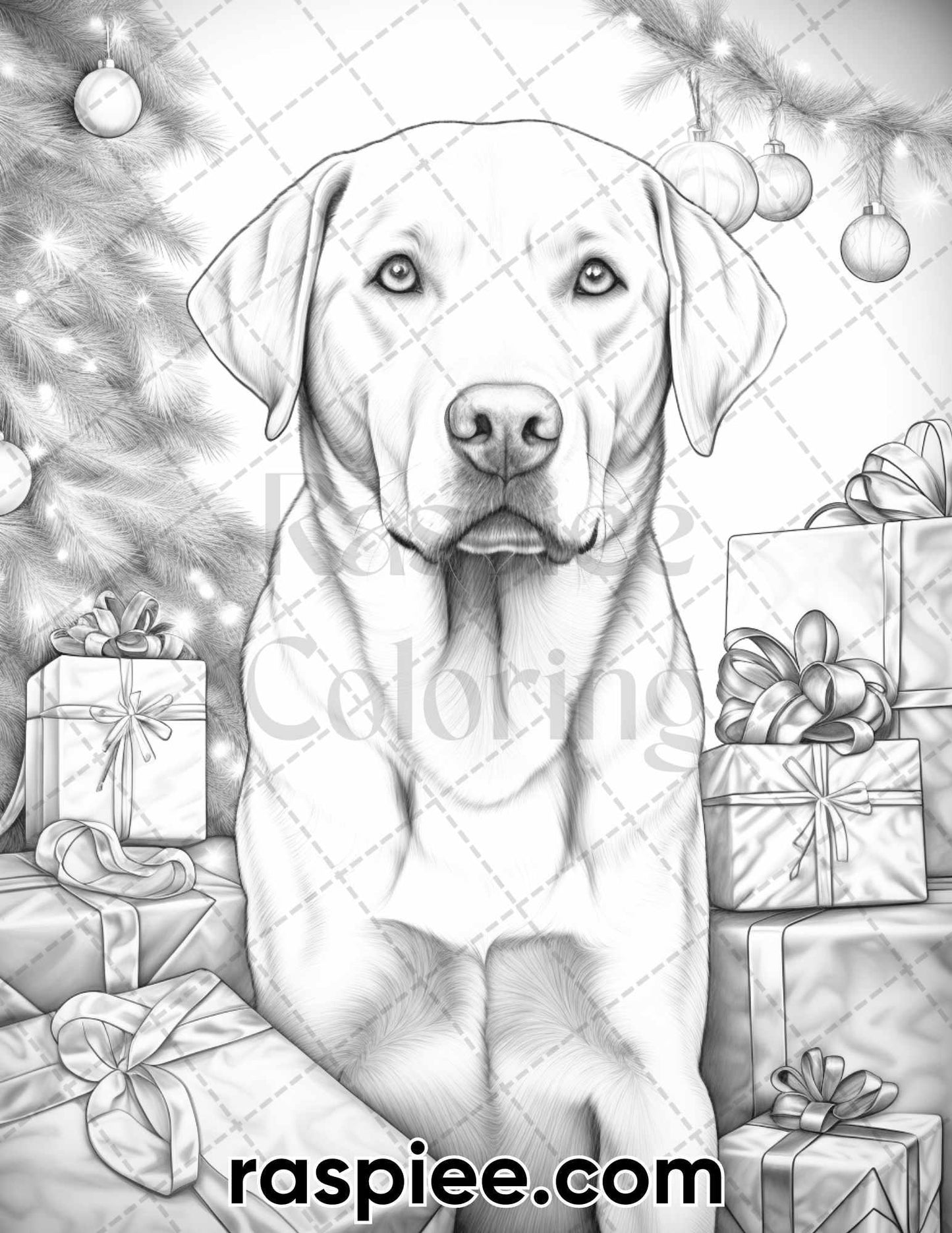 45 Christmas Dogs Grayscale Coloring Pages for Adults, Printable PDF Instant Download