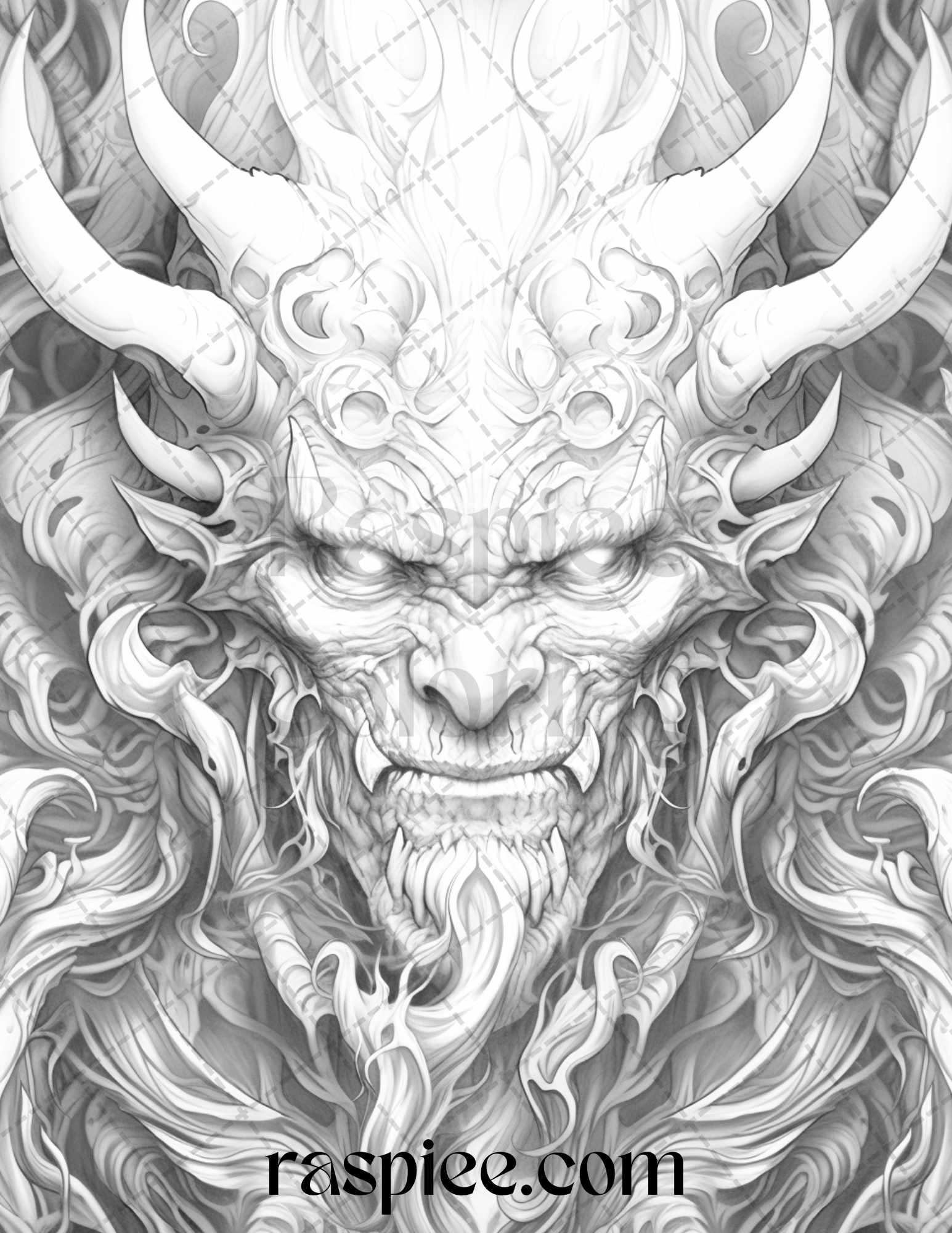 43 Fantasy Demons Grayscale Coloring Pages for Adults, Printable PDF File Instant Download