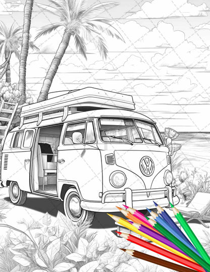 30 Campervan Adventure Grayscale Coloring Pages Printable for Adults, PDF File Instant Download