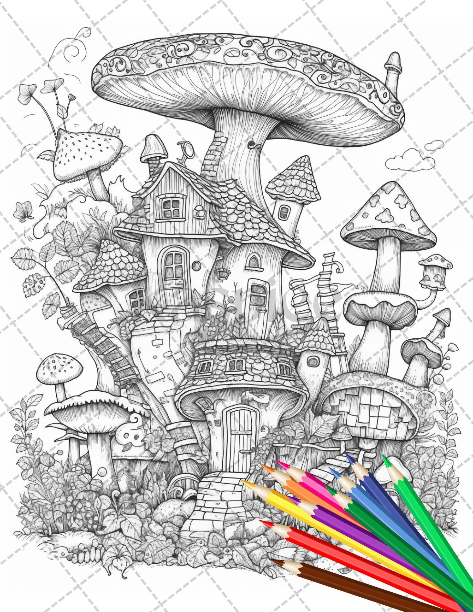 32 Whimsical Mushroom House Coloring Pages for Adults, Grayscale Coloring Book, Printable PDF File Download