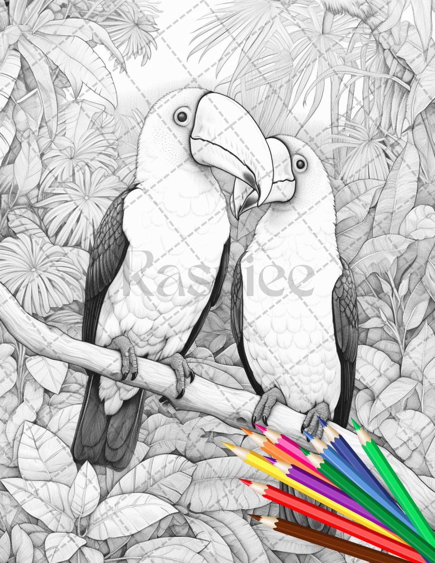 31 Tropical Birds Coloring Book for Adults, Grayscale Coloring Page, Printable PDF Instant Download