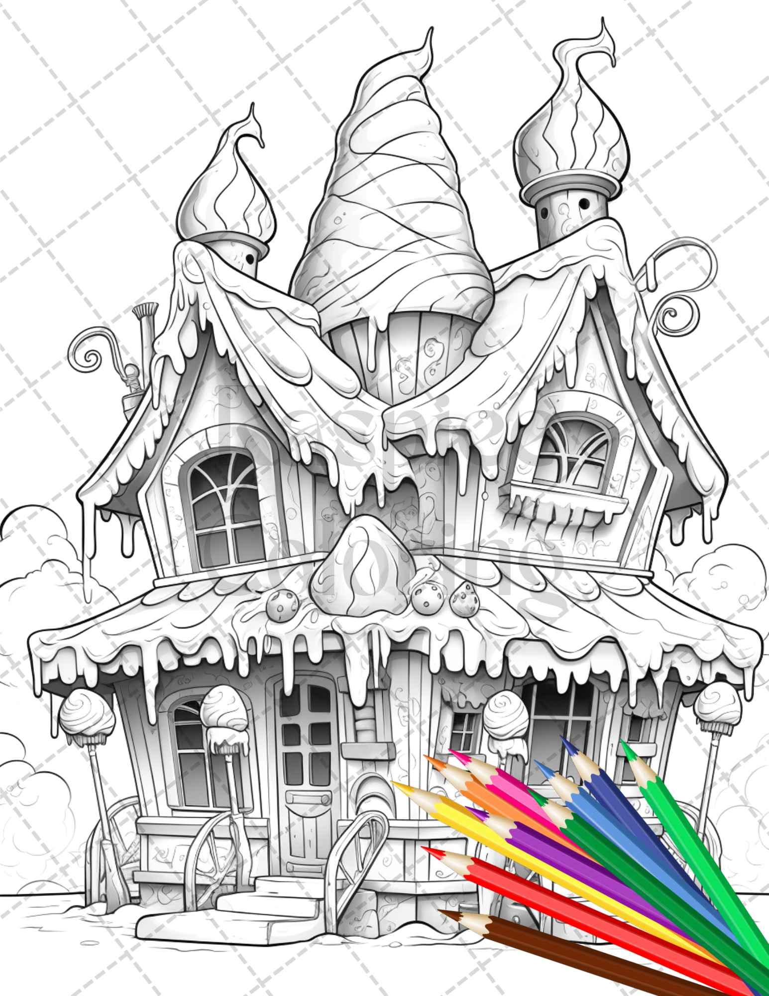 33 Ice Cream Houses Grayscale Coloring Pages Printable for Adults and Kids, PDF File Instant Download