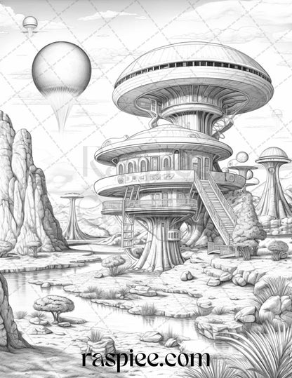 40 Alien Houses Grayscale Coloring Pages for Adults, Printable PDF File Instant Download