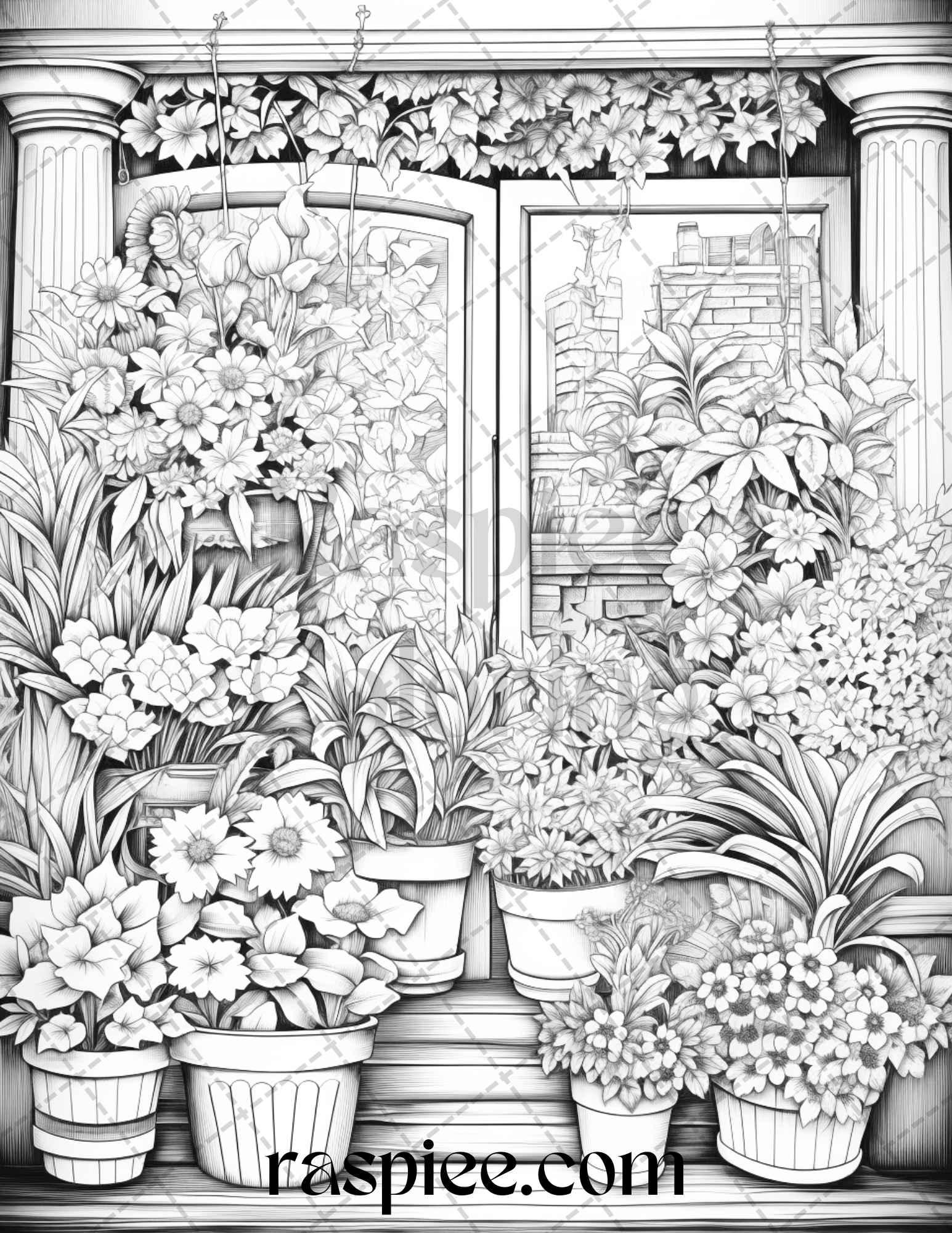 45 Flower Store Front Grayscale Coloring Pages Printable for Adults, PDF File Instant Download